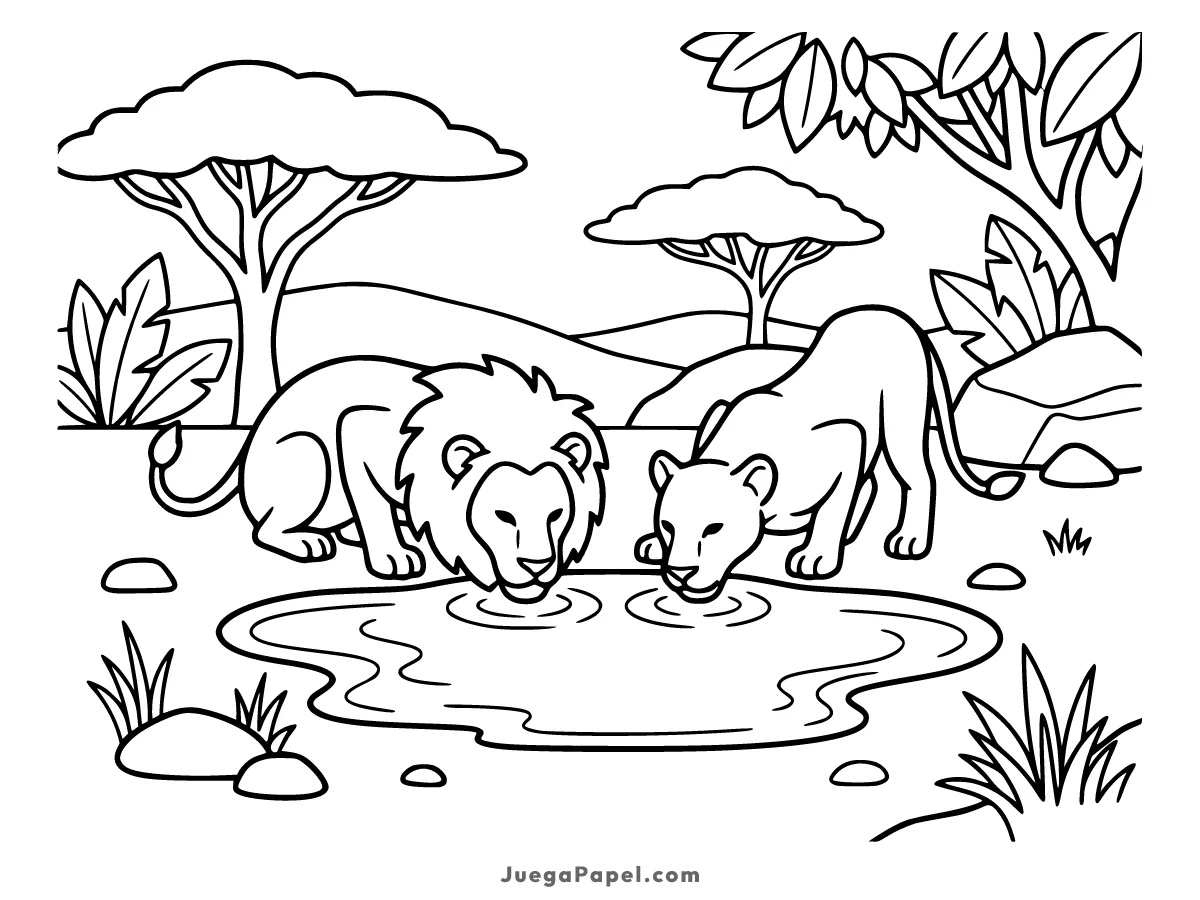 Dibujo para colorear e imprimir de Leones bebiendo