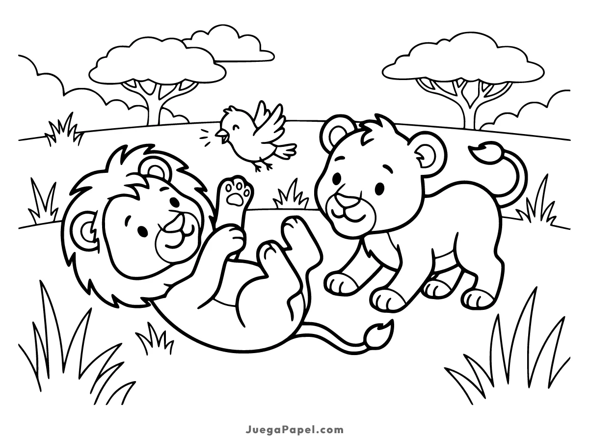 Dibujo para colorear e imprimir de Leones jugando con un pájaro