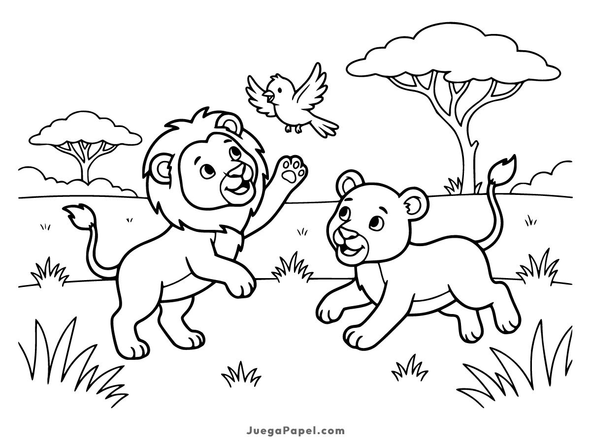 Dibujo para colorear e imprimir de Leones jugando con un pájaro