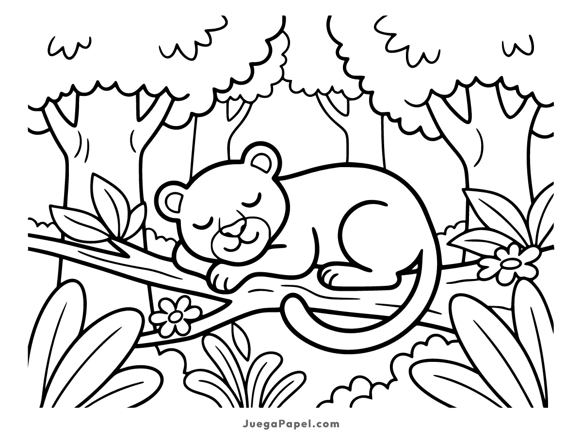 Dibujo para colorear e imprimir de Leopardo Durmiendo en la Rama de un Árbol