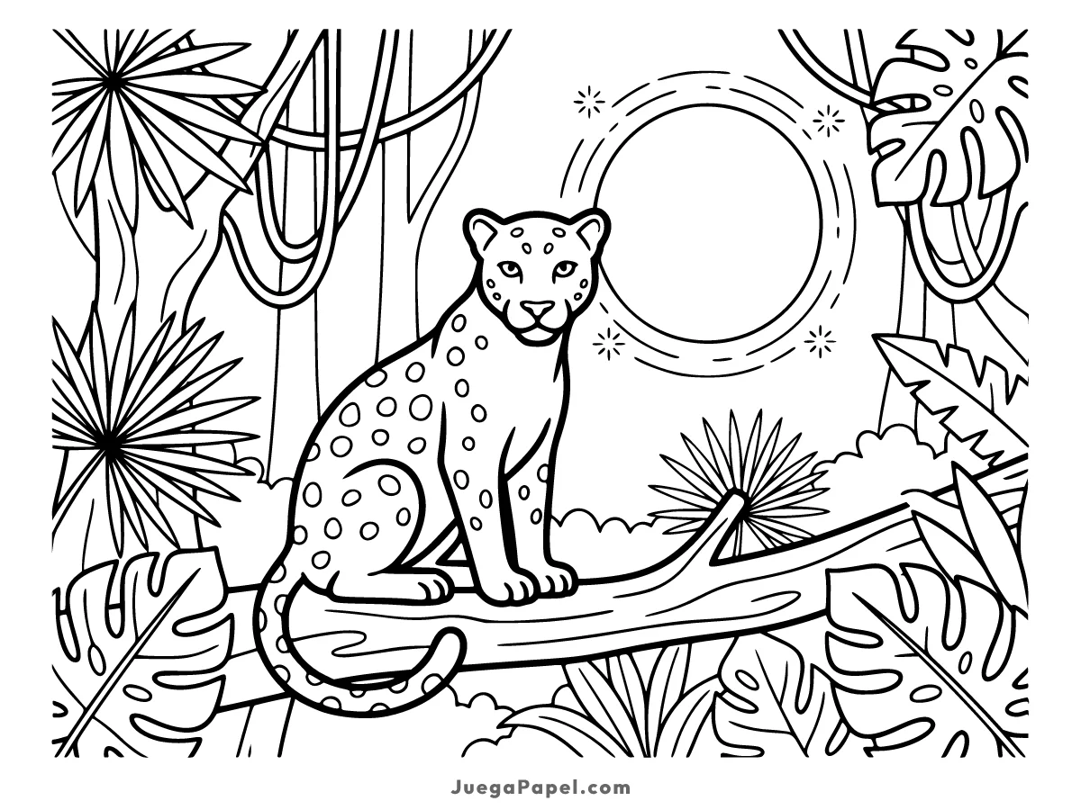 Dibujo para colorear e imprimir de Leopardo en la Selva Tropical