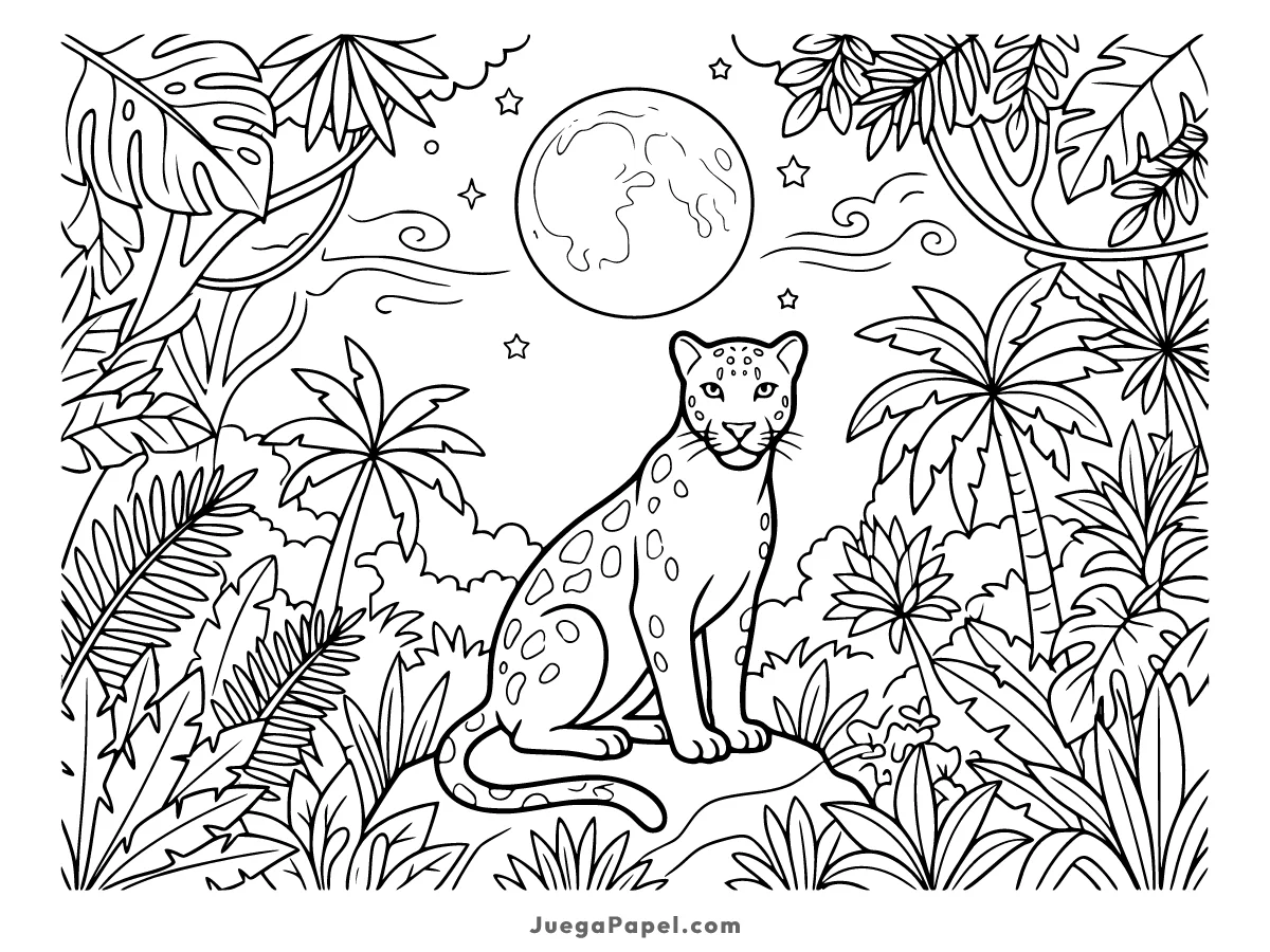 Dibujo para colorear e imprimir de Leopardo en la Selva Tropical bajo la Luna