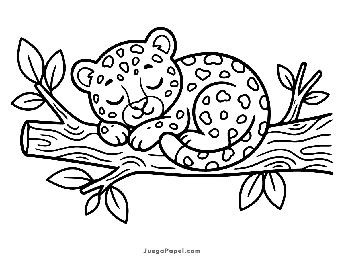 Dibujo para colorear e imprimir de Leopardo tierno durmiendo en la rama de un árbol