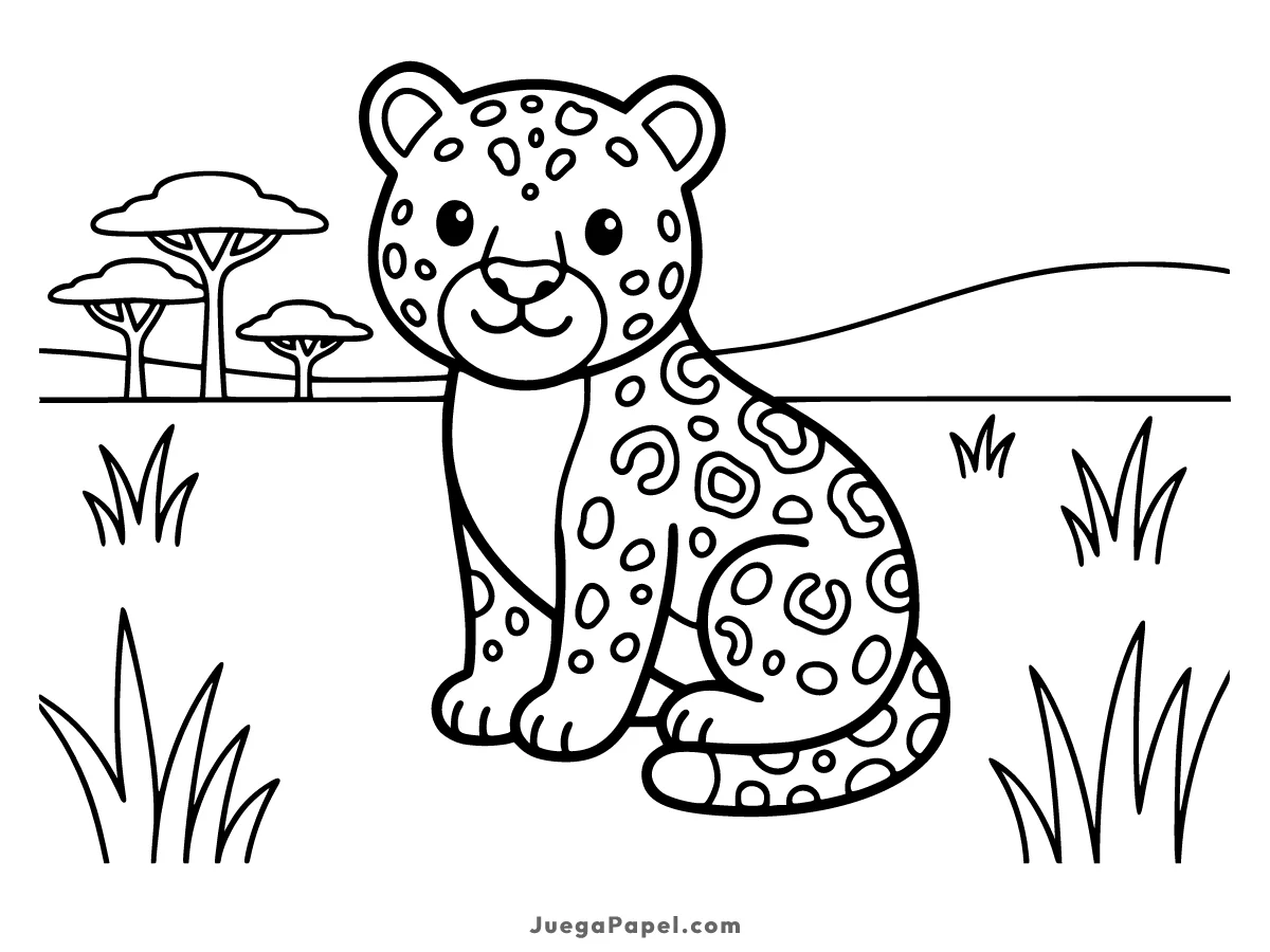Dibujo para colorear e imprimir de Leopardo tierno en la sabana