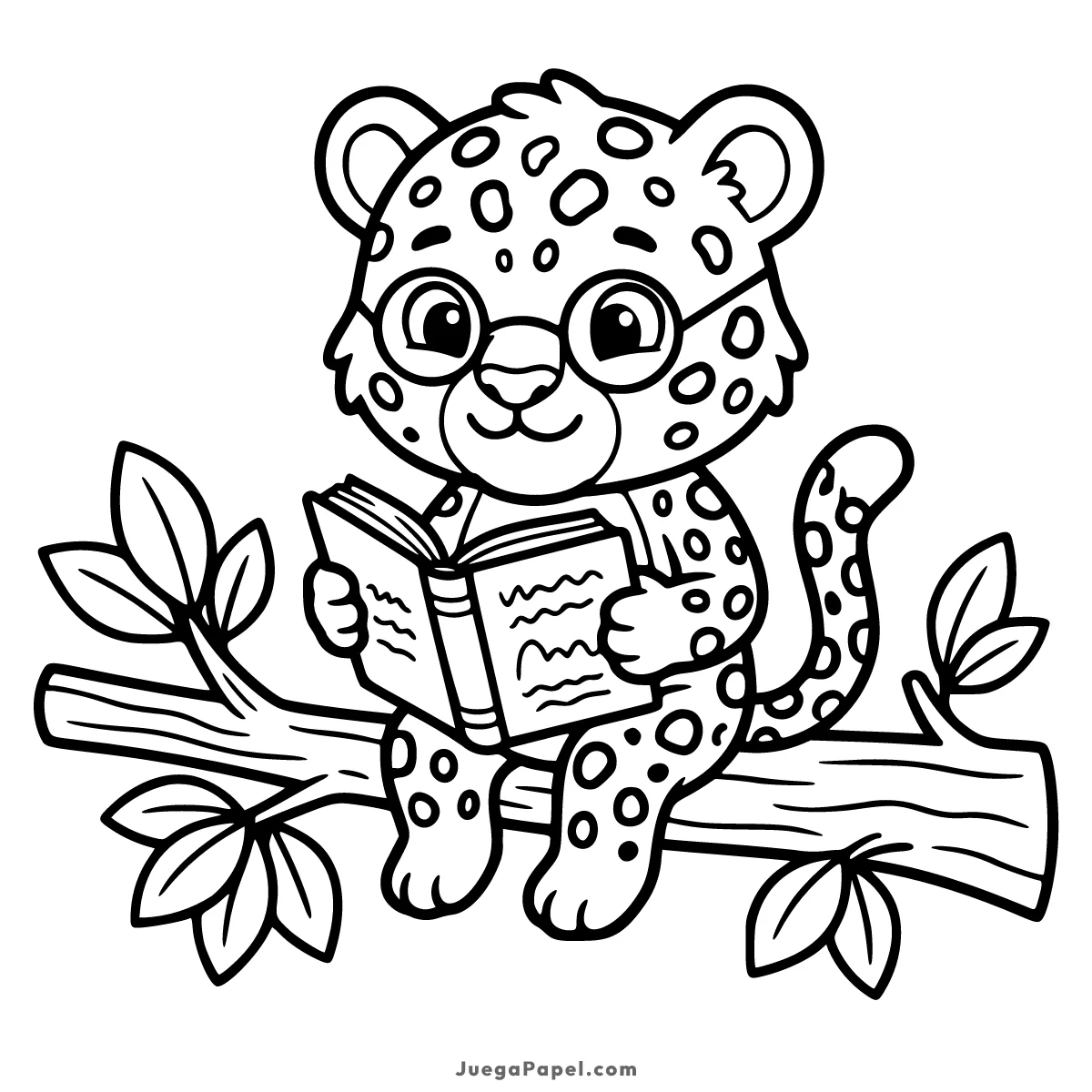 Dibujo para colorear e imprimir de Leopardo tierno leyendo un libro en la rama de un árbol