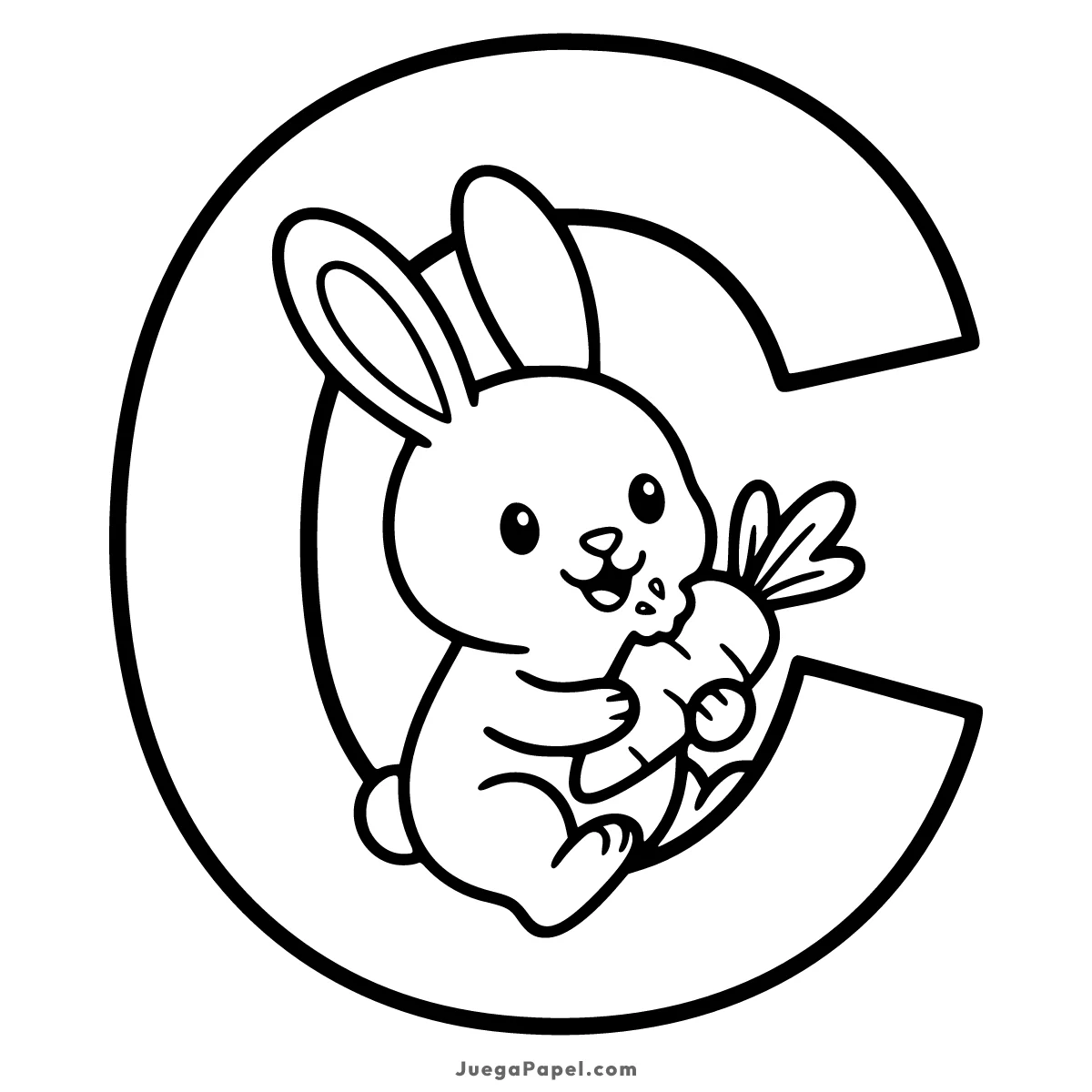 Dibujo para colorear e imprimir de Letra C con Conejo Comiendo Zanahoria