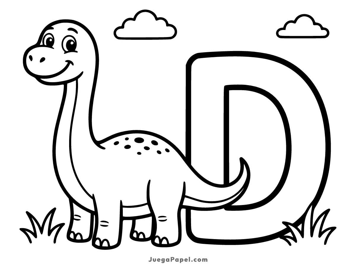 Dibujo para colorear e imprimir de Letra D con Dinosaurio