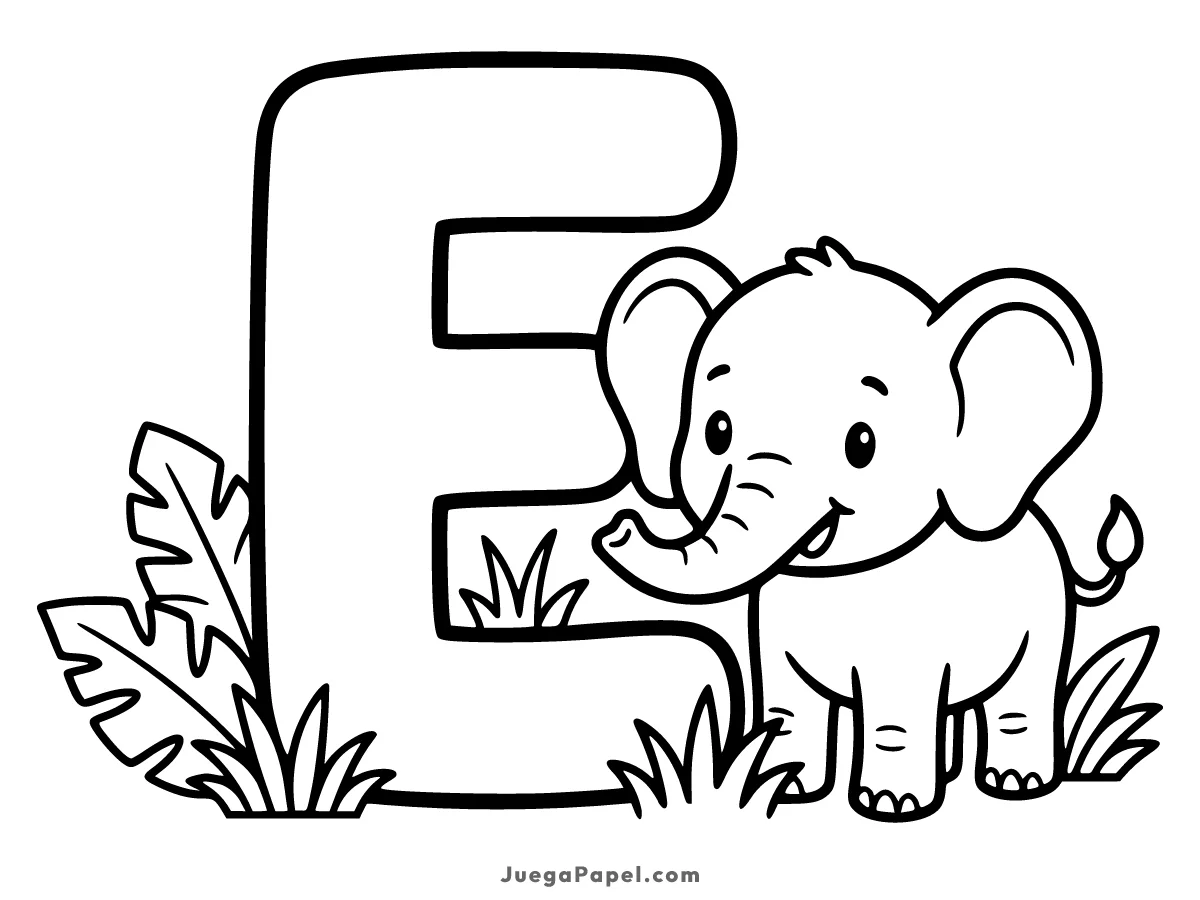 Dibujo para colorear e imprimir de Letra E con Elefante