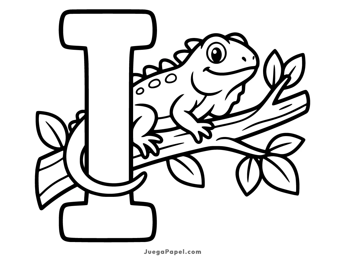 Dibujo para colorear e imprimir de Letra I con Iguana en la Rama