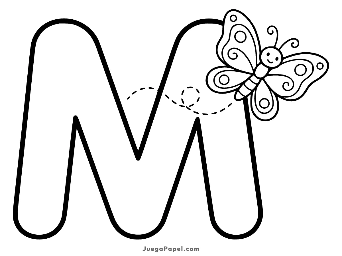 Dibujo para colorear e imprimir de Letra M Con Mariposa