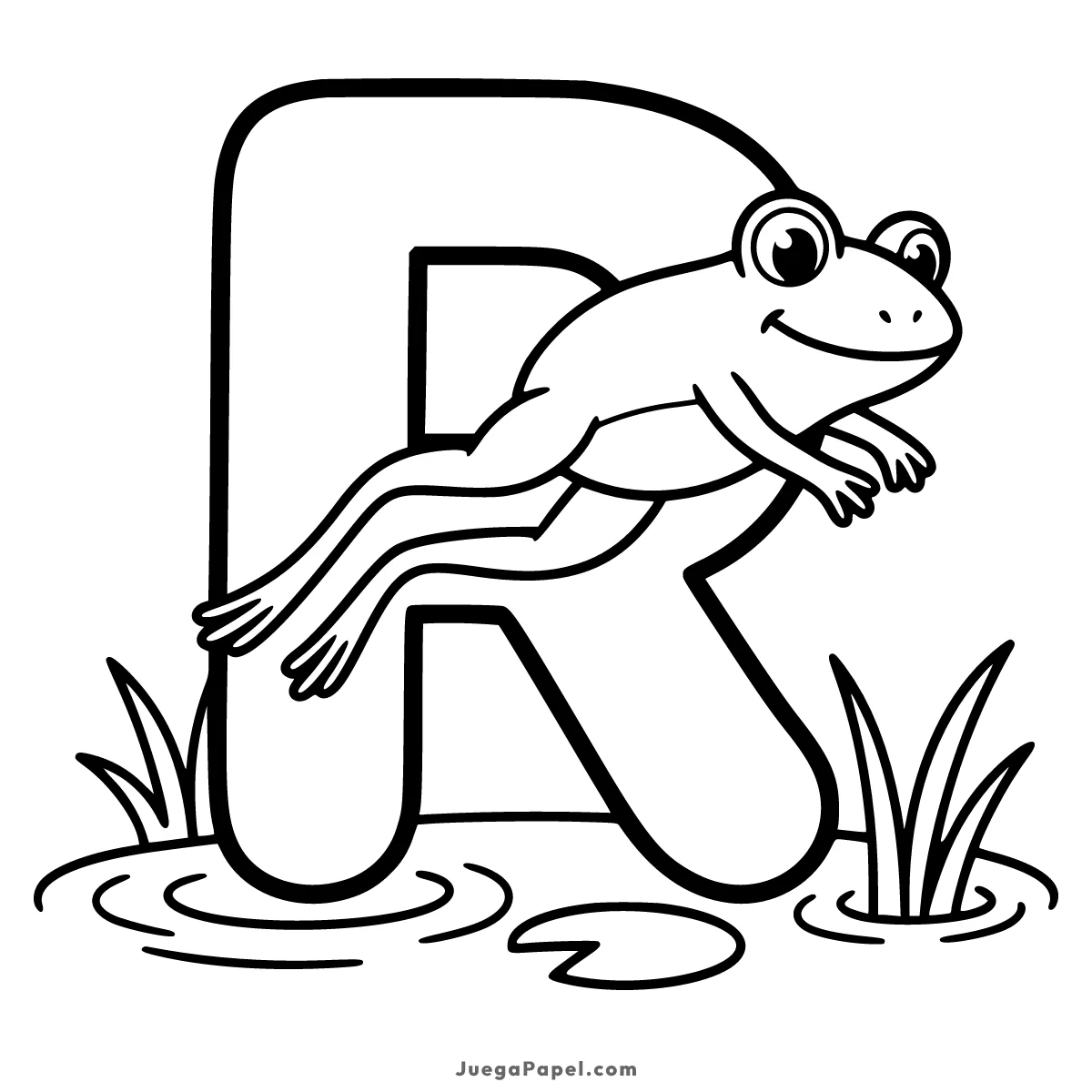 Dibujo para colorear e imprimir de Letra R con Rana Saltando