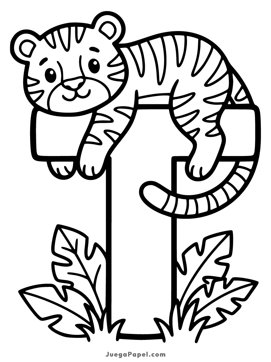 Dibujo para colorear e imprimir de Letra T con Tigre Tierno