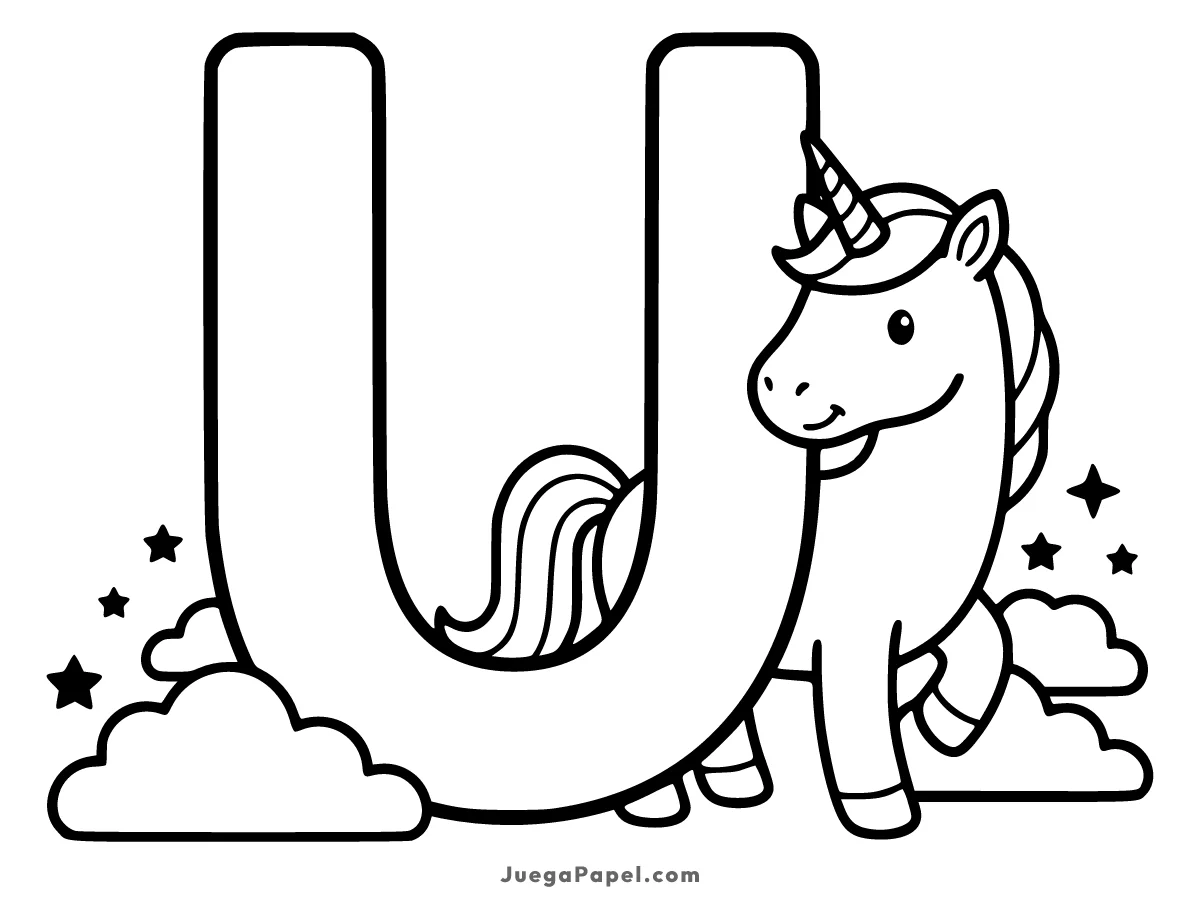 Dibujo para colorear e imprimir de Letra U con Unicornio