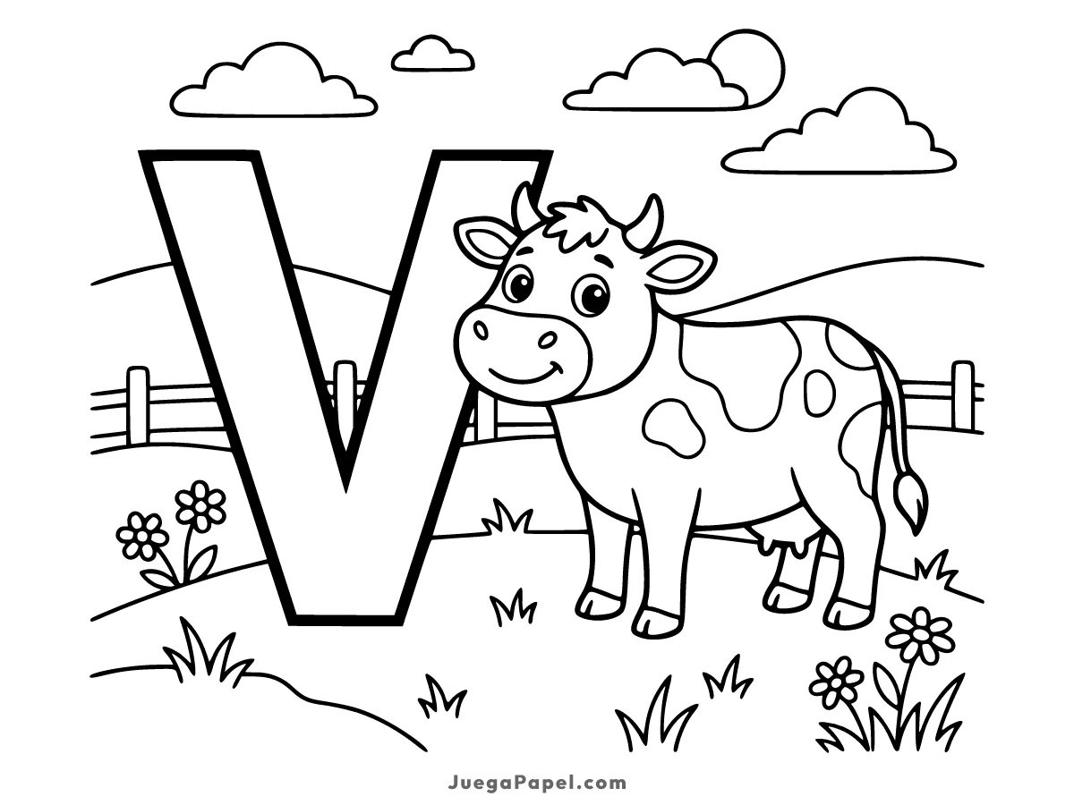 Dibujo para colorear e imprimir de Letra V con Vaca