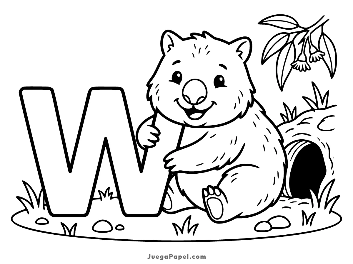 Dibujo para colorear e imprimir de Letra W con Wombat Sonriente