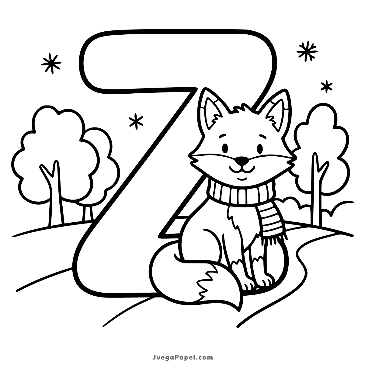 Dibujo para colorear e imprimir de Letra Z con Zorro Con Bufanda
