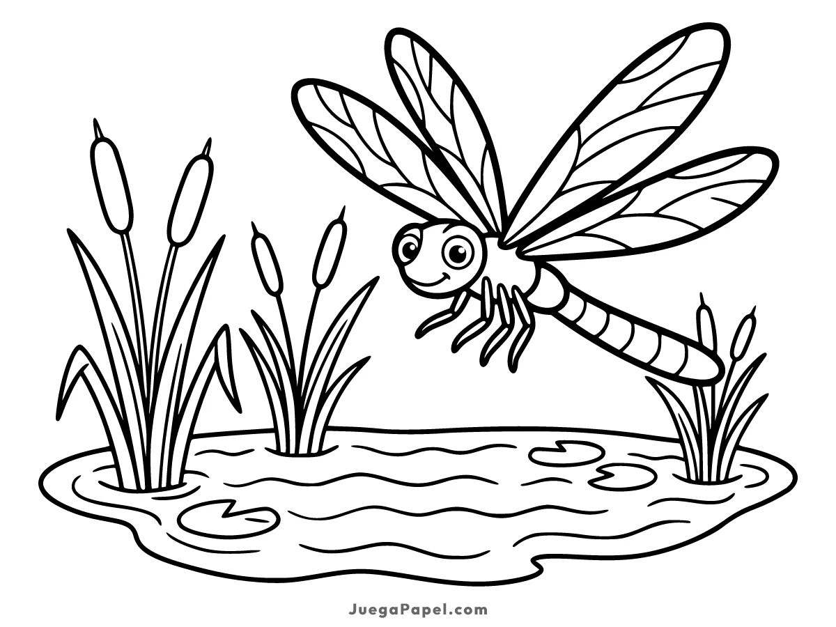 Dibujo para colorear e imprimir de Libélula Feliz Volando sobre el Estanque