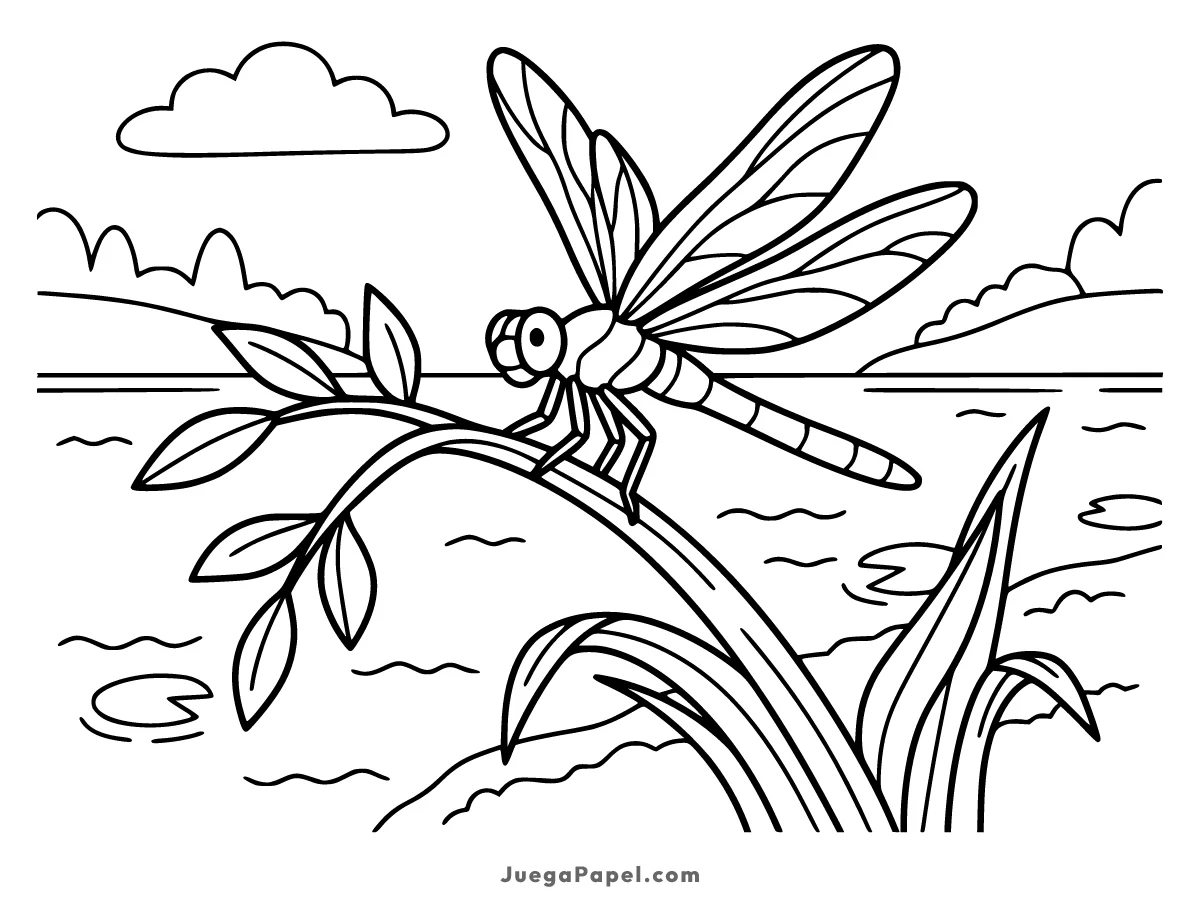 Dibujo para colorear e imprimir de Libélula posada sobre una planta en el lago