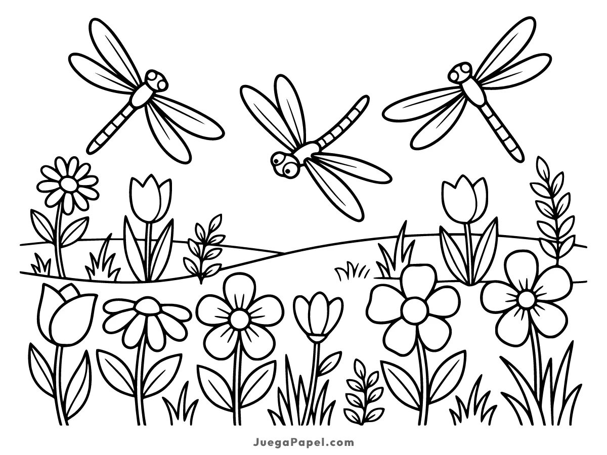 Dibujo para colorear e imprimir de Libélulas volando sobre un jardín de flores