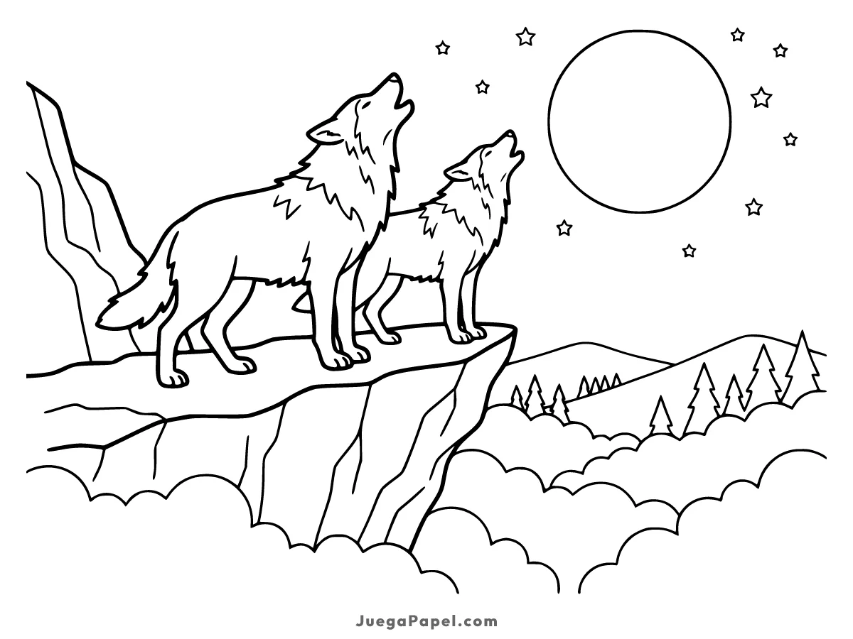 Dibujo para colorear e imprimir de Lobos Aullando a la Luna Llena