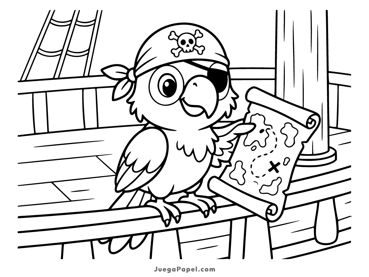 Dibujo para colorear e imprimir de Loro pirata bebe con un mapa