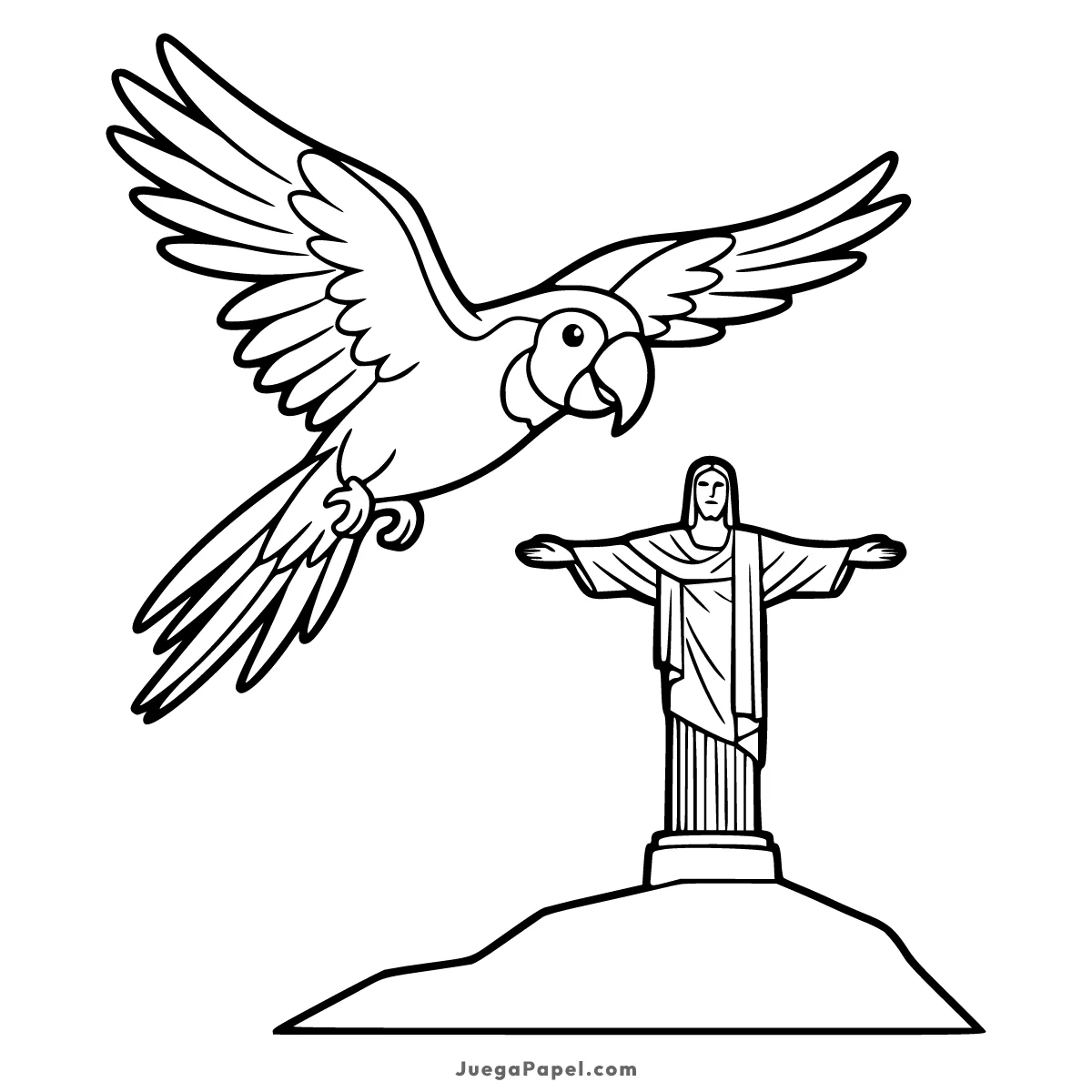 Dibujo para colorear e imprimir de Loro Volando sobre el Cristo Redentor