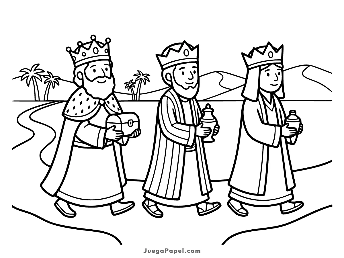 Dibujo para colorear e imprimir de Los Tres Reyes Magos en el Desierto