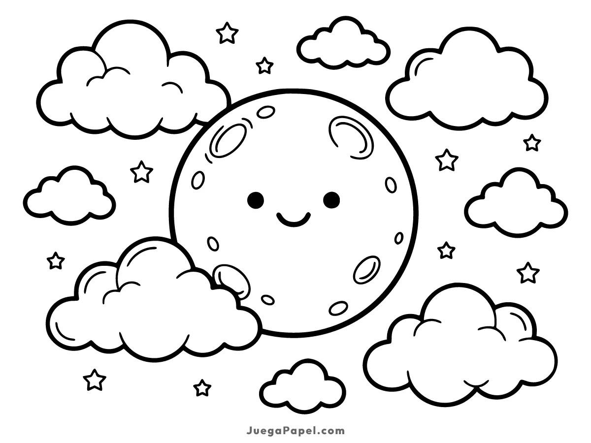 Dibujo para colorear e imprimir de Luna Sonriente entre Nubes y Estrellas