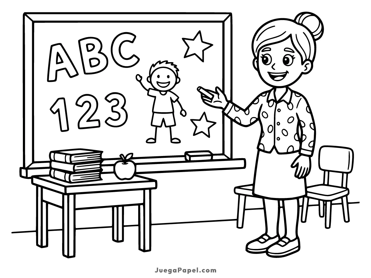 Dibujo para colorear e imprimir de Maestra en el Aula de Clases con Pizarra