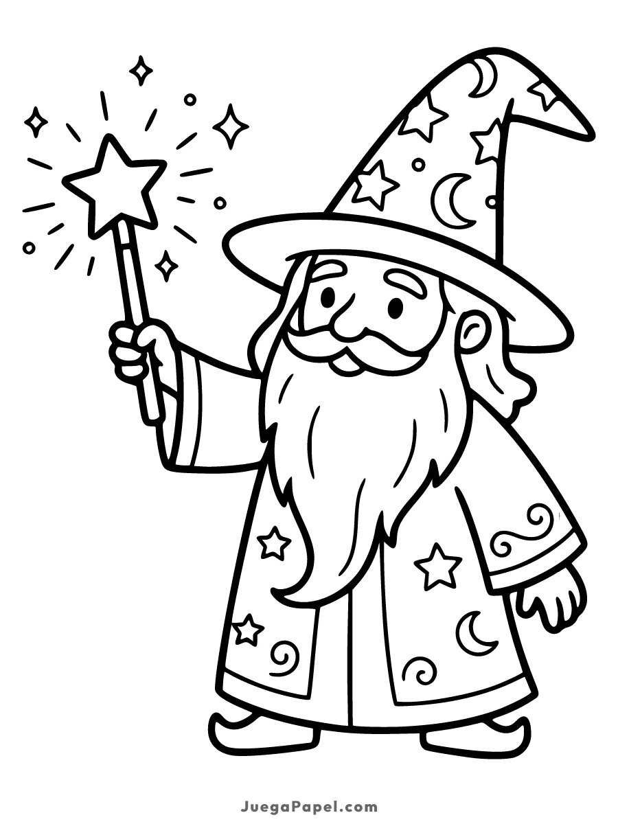 Dibujo para colorear e imprimir de Mago Amigable con Varita Mágica