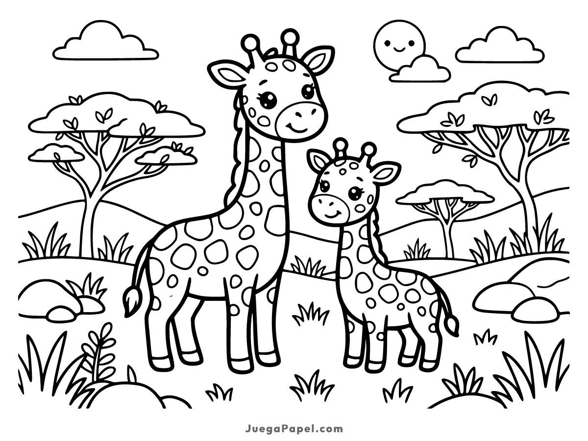 Dibujo para colorear e imprimir de Mamá Jirafa y su Bebé en la Sabana