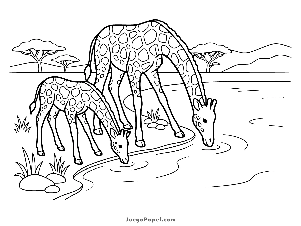 Dibujo para colorear e imprimir de Mamá Jirafa y su cría bebiendo agua