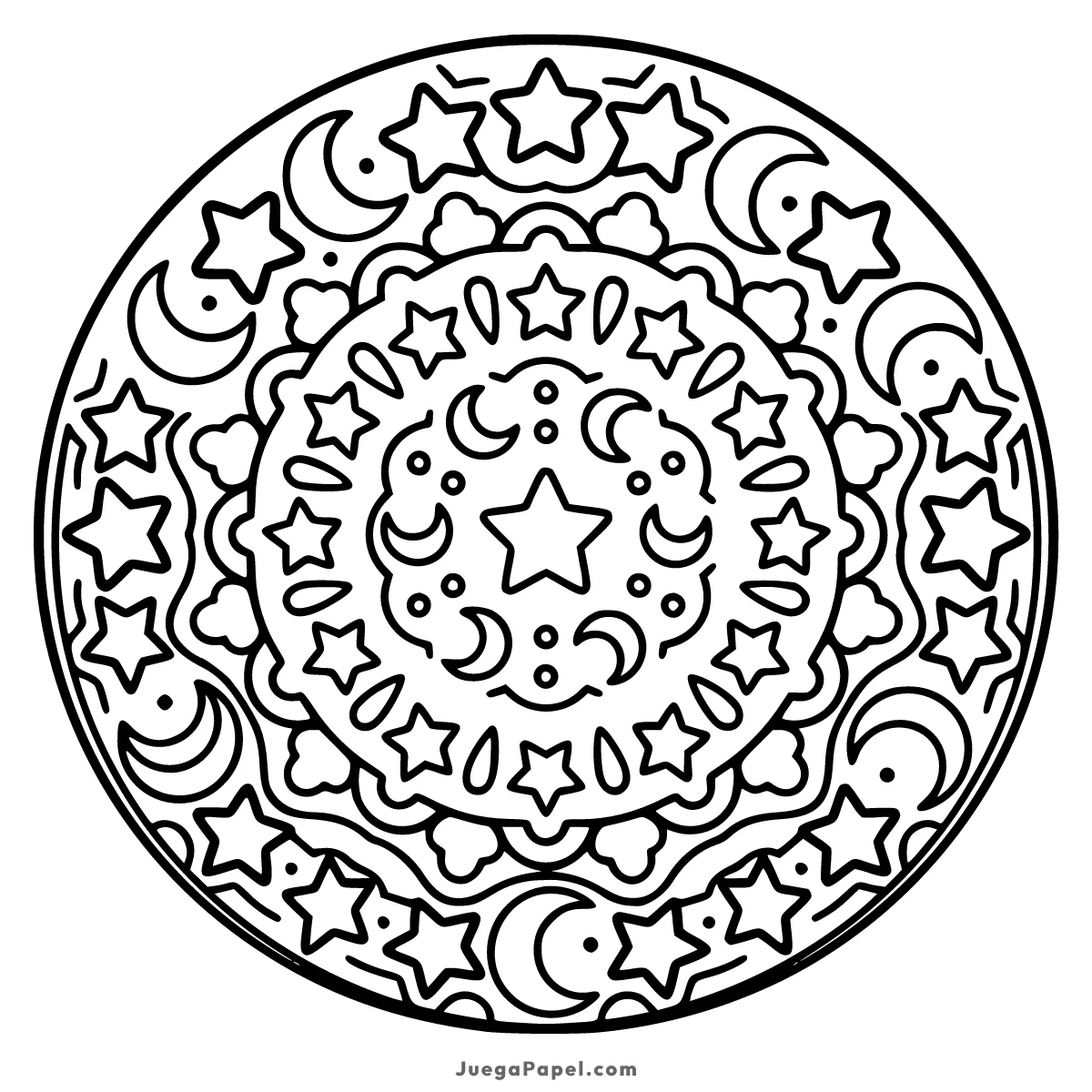 Dibujo para colorear e imprimir de Mandala de Estrellas y Lunas