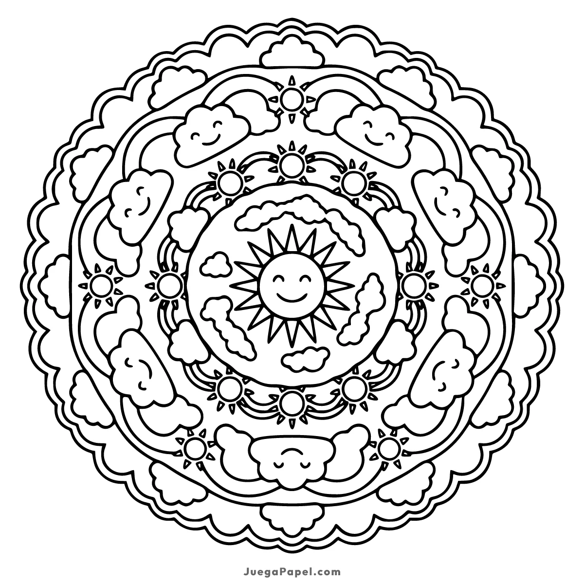Dibujo para colorear e imprimir de Mandala de Soles y Nubes