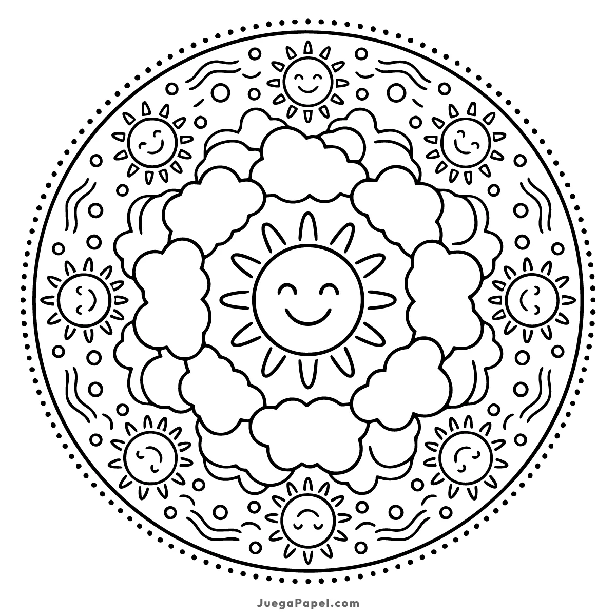 Dibujo para colorear e imprimir de Mandala de Soles y Nubes