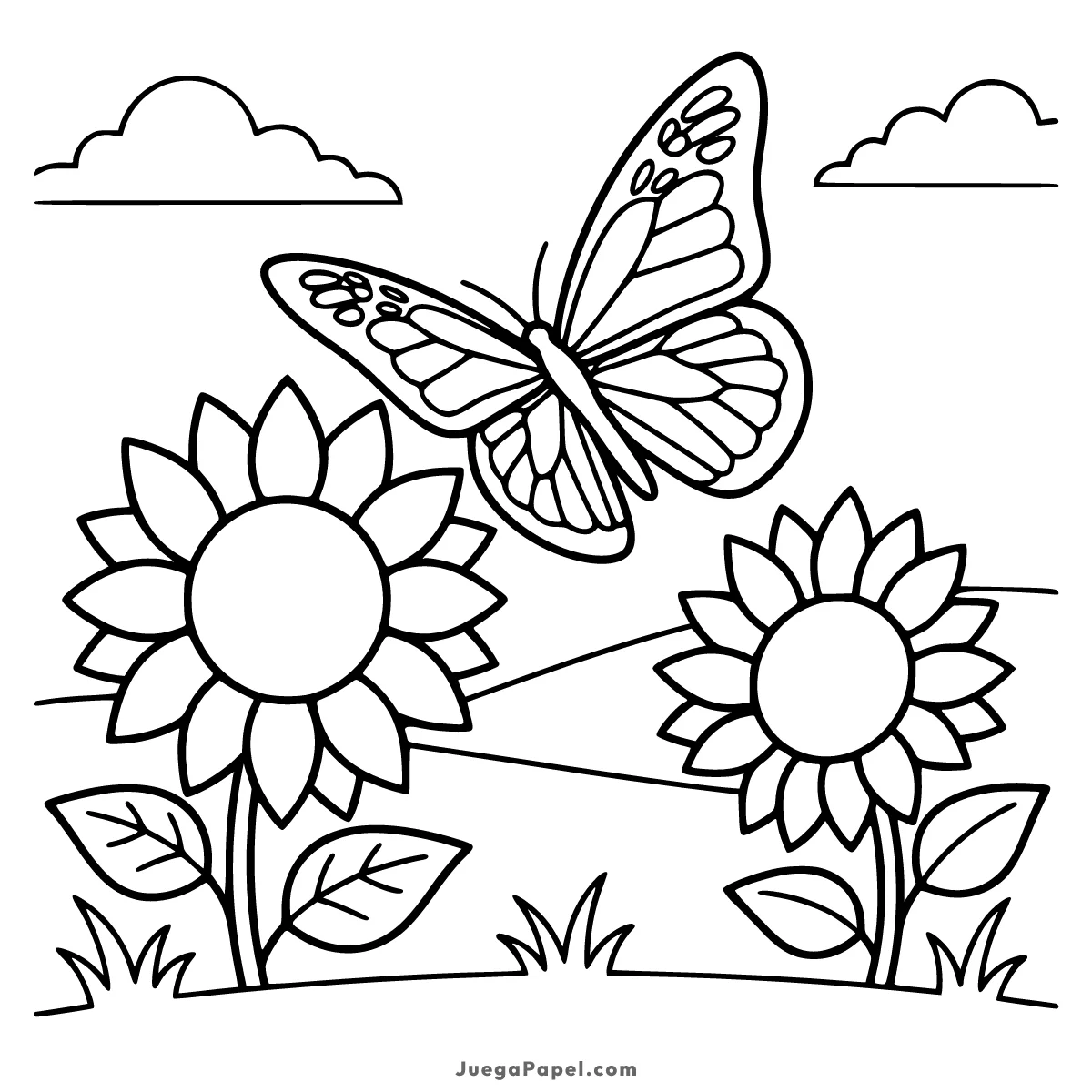 Dibujo para colorear e imprimir de Mariposa Monarca en Campo de Girasoles