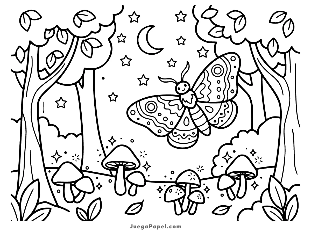 Dibujo para colorear e imprimir de Mariposa Nocturna en el Bosque