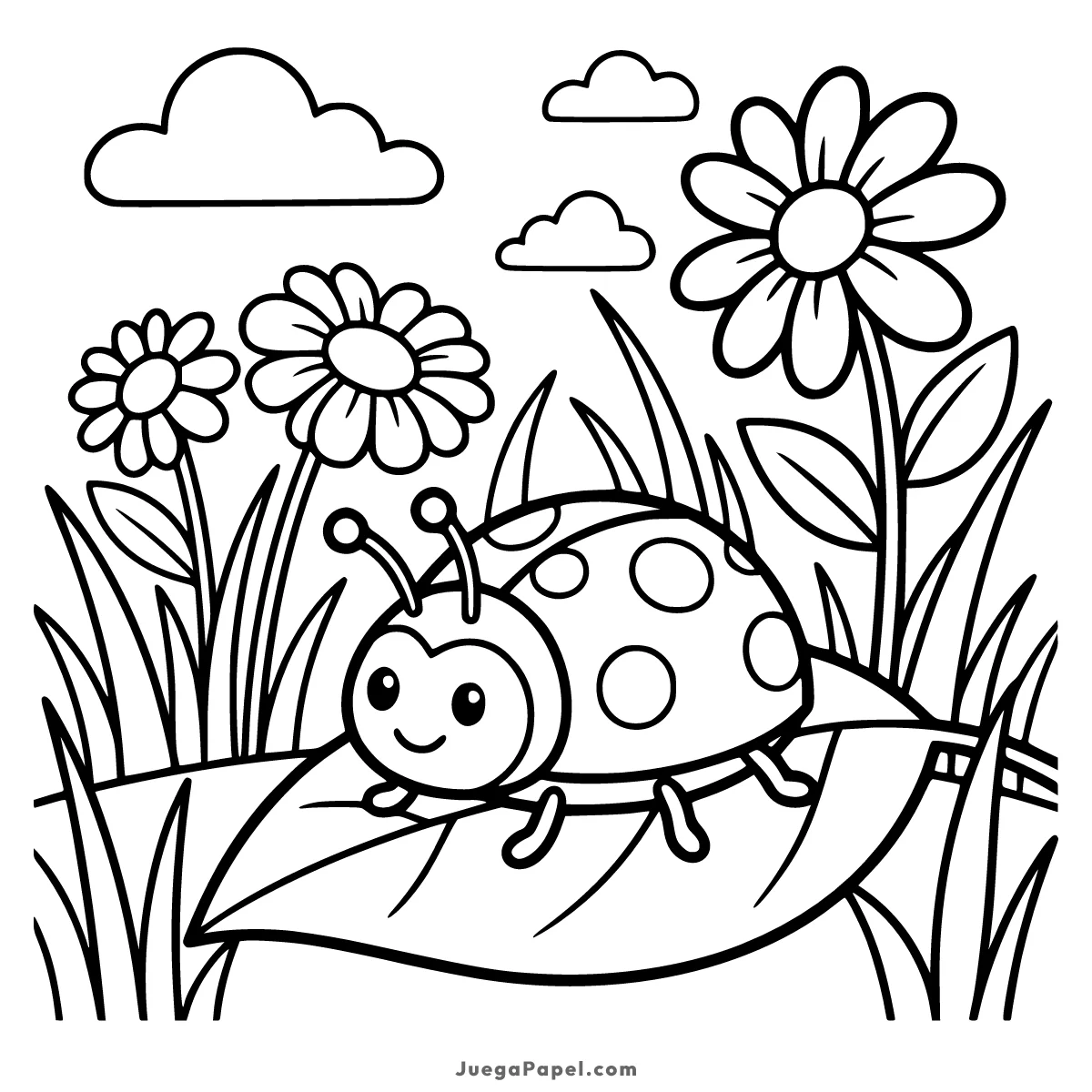 Dibujo para colorear e imprimir de Mariquita en una Hoja con Flores