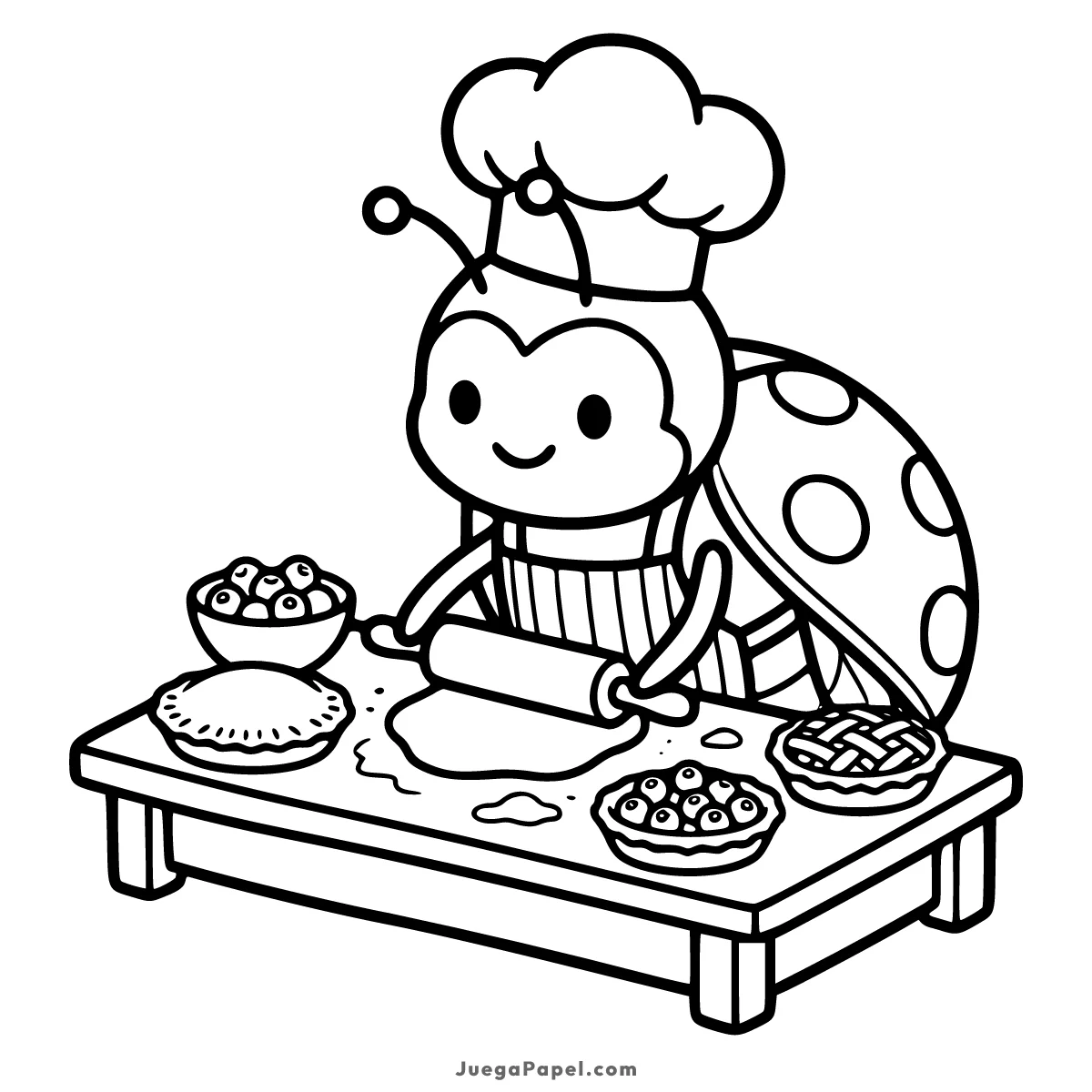 Dibujo para colorear e imprimir de Mariquita Repostera Horneando Pasteles