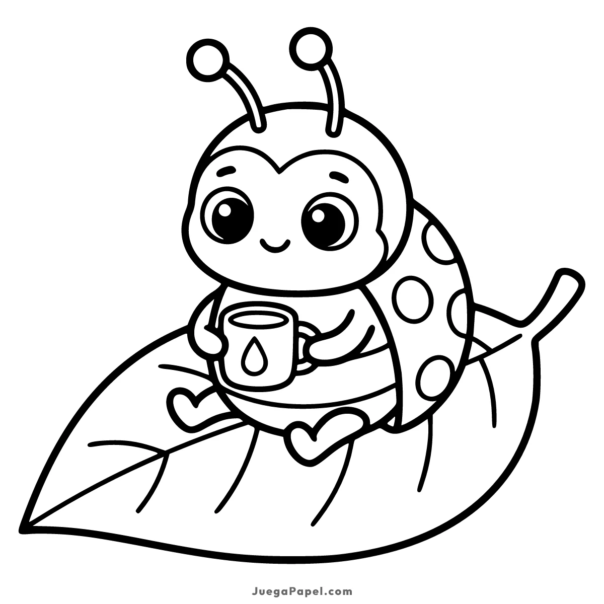 Dibujo para colorear e imprimir de Mariquita Tierna Bebiendo en una Hoja
