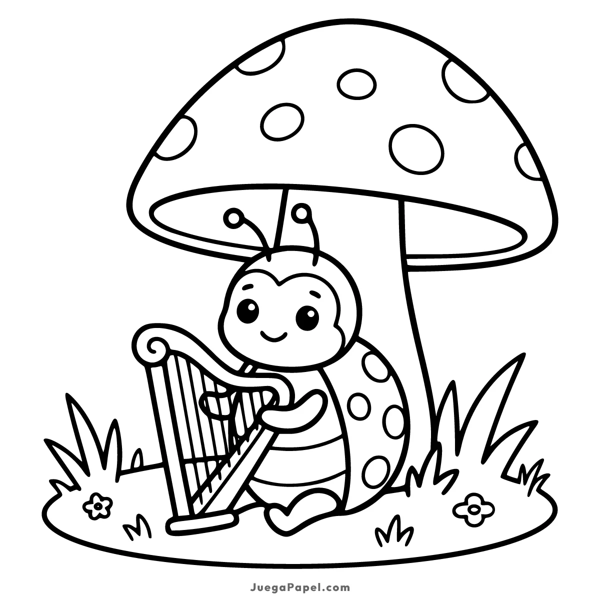 Dibujo para colorear e imprimir de Mariquita Toca el Arpa bajo una Seta