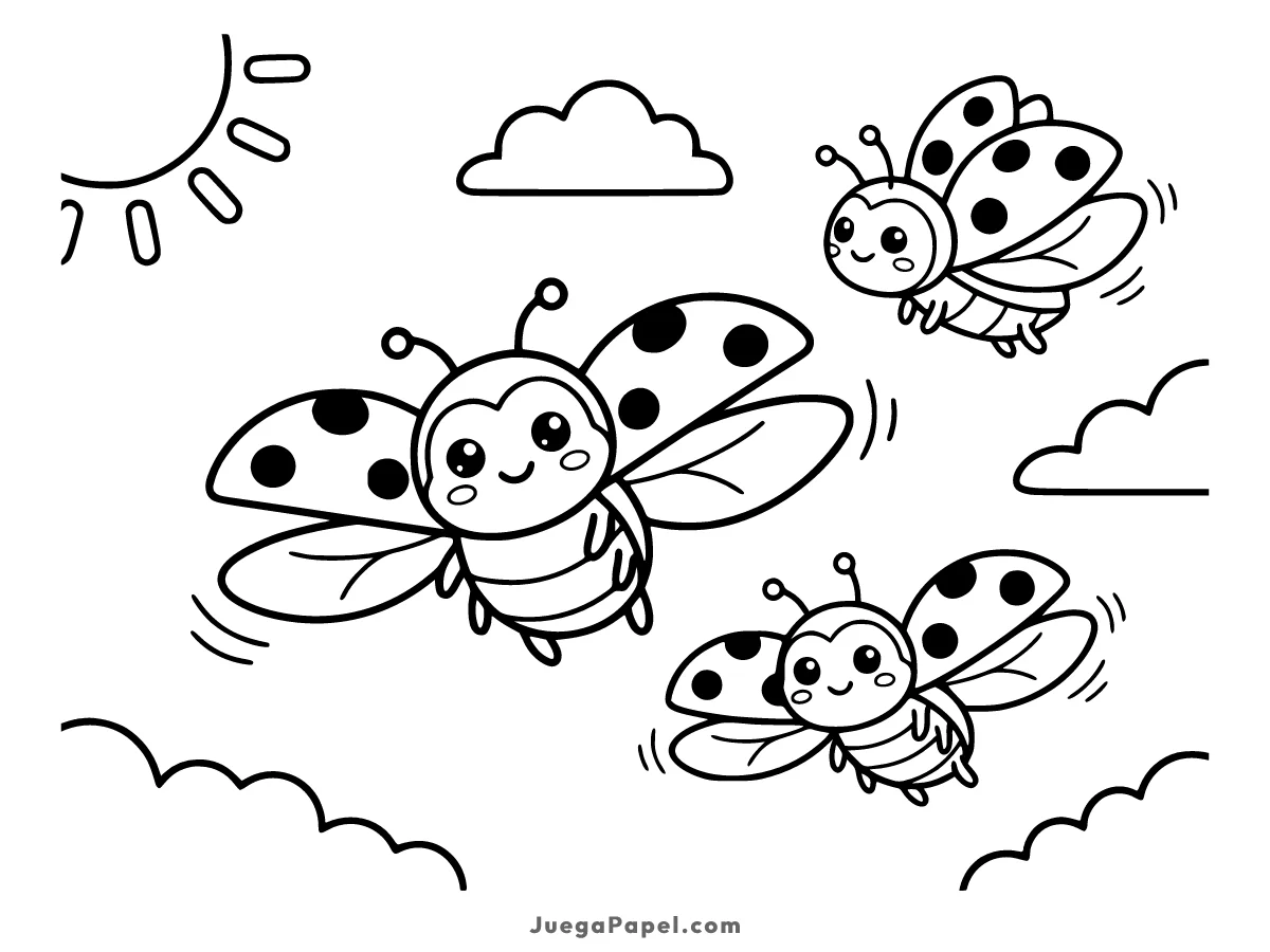 Dibujo para colorear e imprimir de Mariquitas Kawaii Volando
