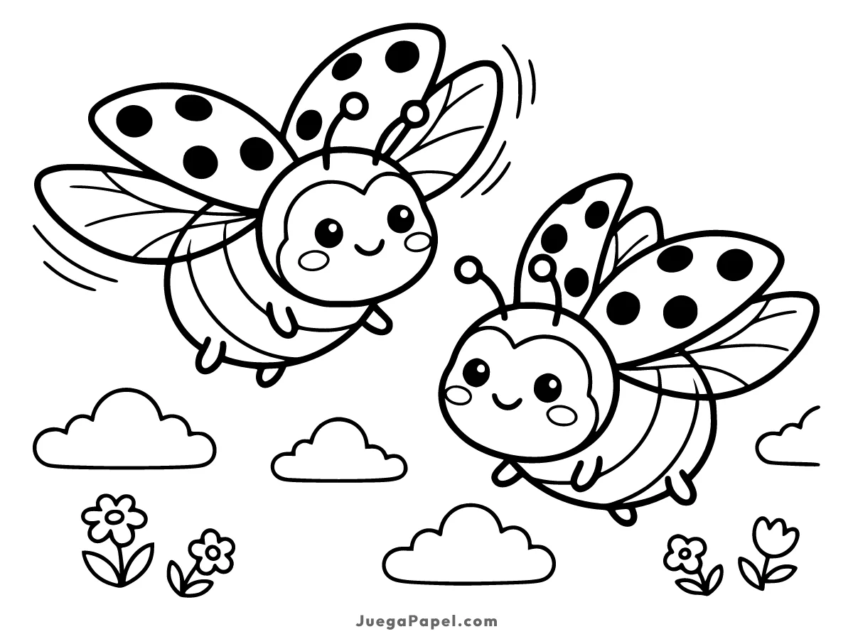 Dibujo para colorear e imprimir de Mariquitas Kawaii Volando