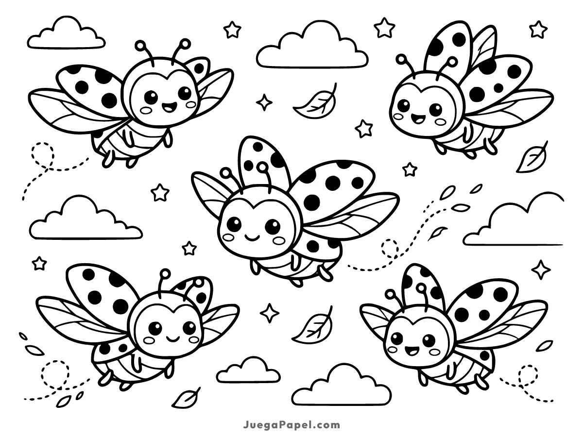 Dibujo para colorear e imprimir de Mariquitas Kawaii Volando en el Cielo