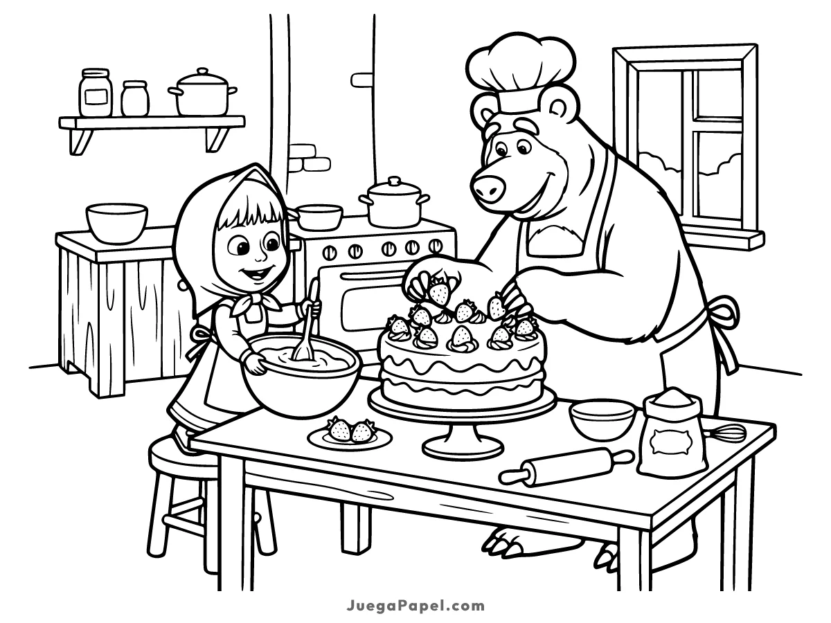 Dibujo para colorear e imprimir de Masha y el Oso Decorando un Pastel
