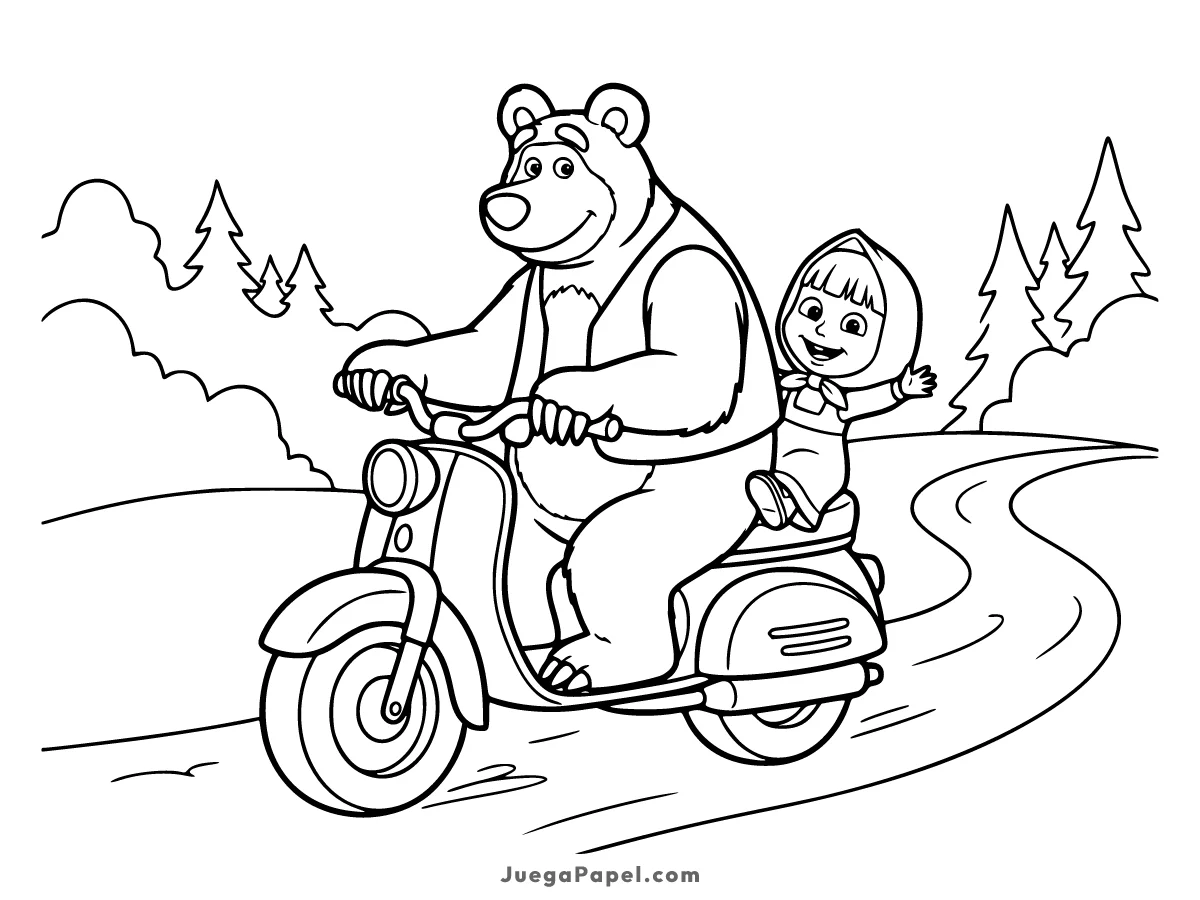 Dibujo para colorear e imprimir de Masha y el Oso Montando en Moto