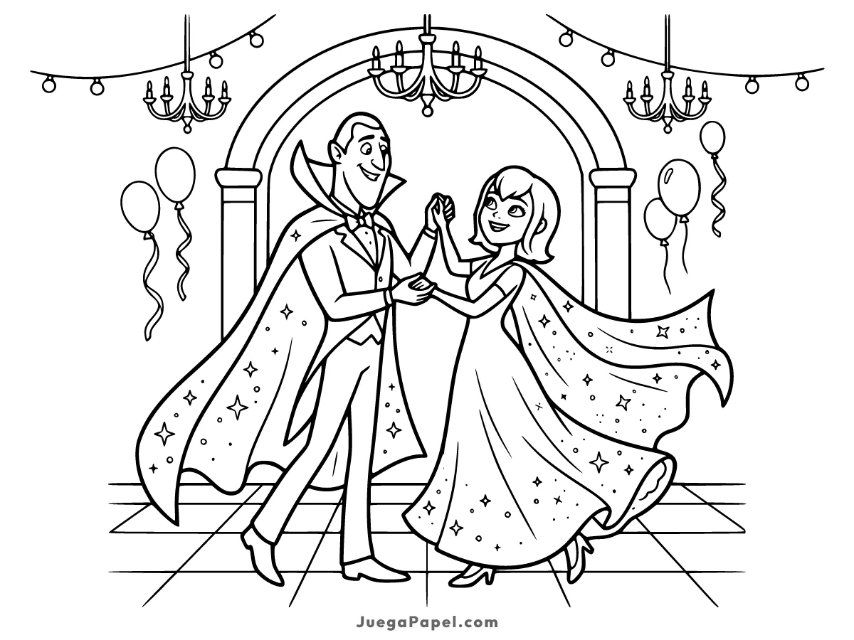 Dibujo para colorear e imprimir de Mavis y Drácula Bailando