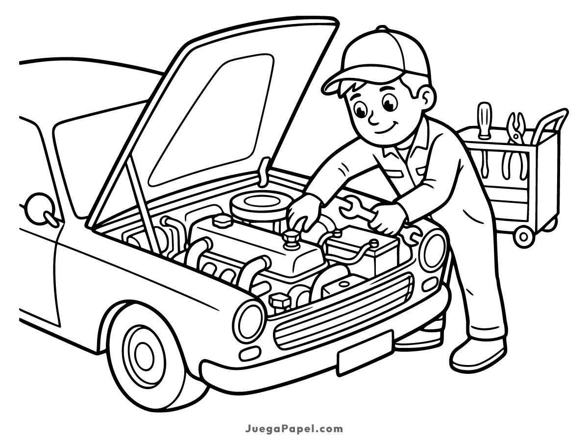 Dibujo para colorear e imprimir de Mecánico Arreglando Coche