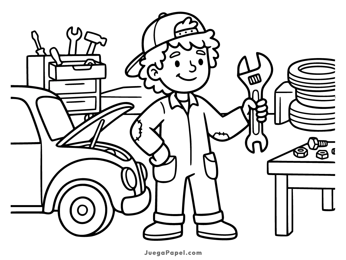 Dibujo para colorear e imprimir de Mecánico Sonriente en su Taller