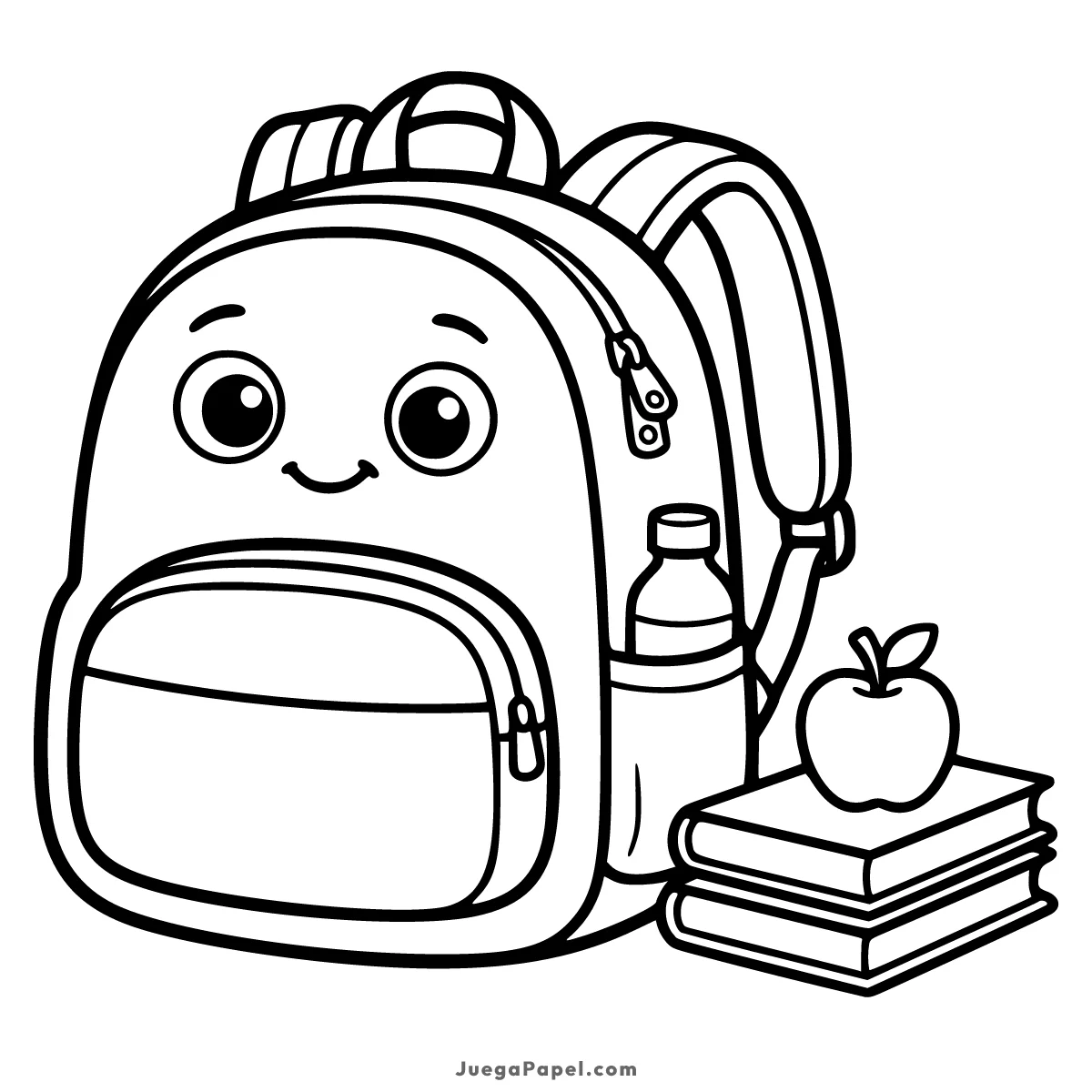 Dibujo para colorear e imprimir de Mochila Escolar Alegre con Libros y Manzana